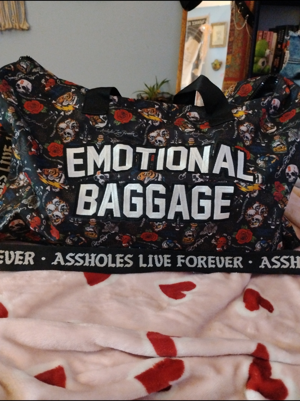 Emotional Baggage Weekender Duffle Bag - Black with Red Rose & Skull Print